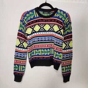 LAUREN Unisex Multicolor Geo-Motif Cotton-Linen Crewneck Sweater Size XS Ex. Con